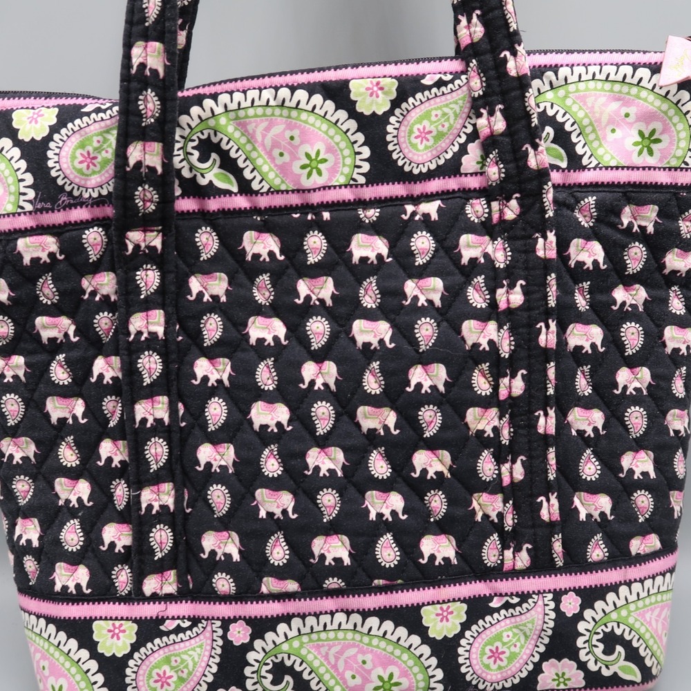 Vera Bradley Elephant Print Bag Black Pink Green Inner Pockets Tote Bag Purse L